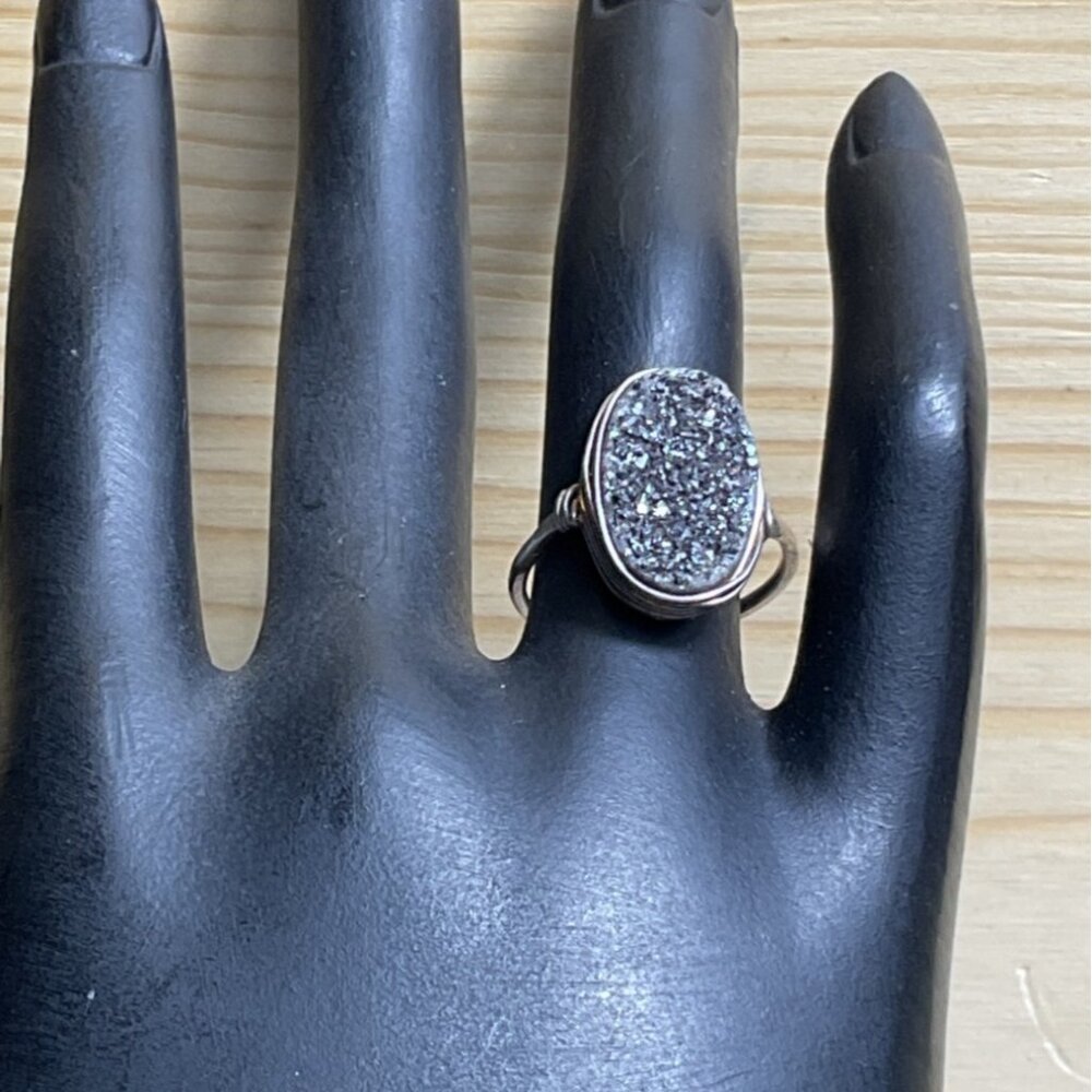 Silver Tone Wire Wrapped Druzy Stone Ring